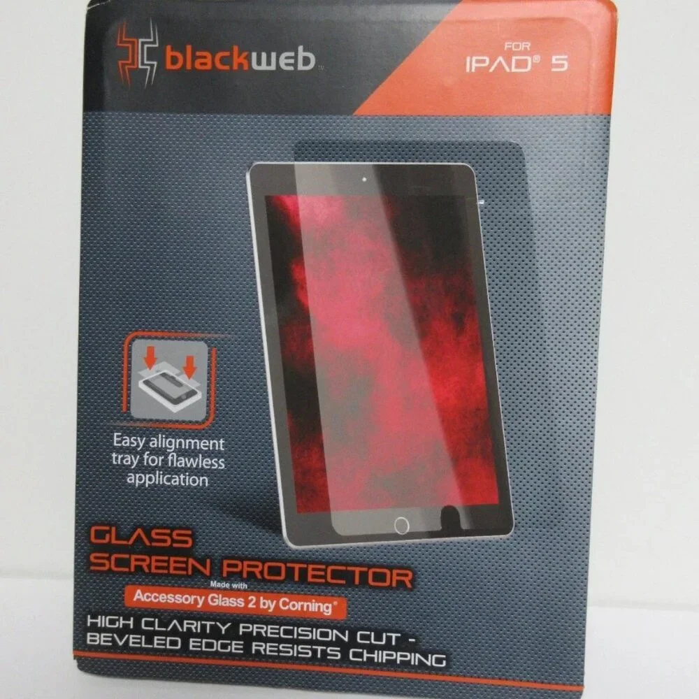 Black Web Glass Screen Protector For Ipad 5 W/ Easy Alignment Tray NEW